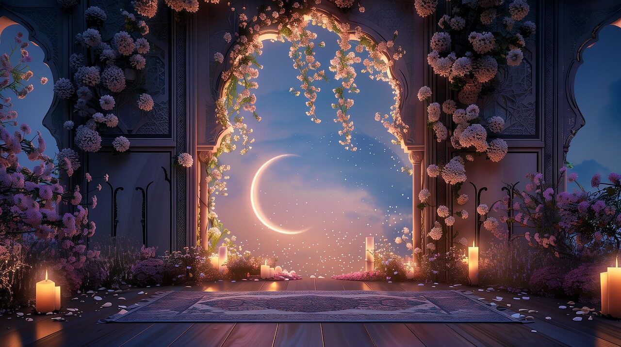 ai generated, ramadan, night, islamic, pastel, celebration, scene, flowers, light, religious, religion, nature, arabiccontest