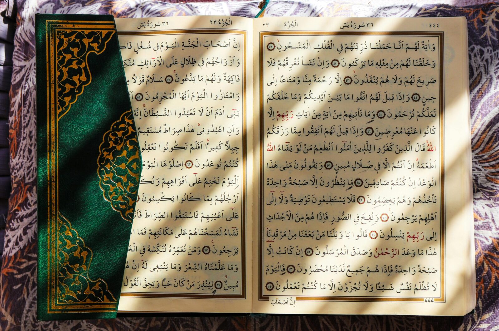 An open Quran with a green decorative cover, illuminated by sunlight, showing Arabic script.