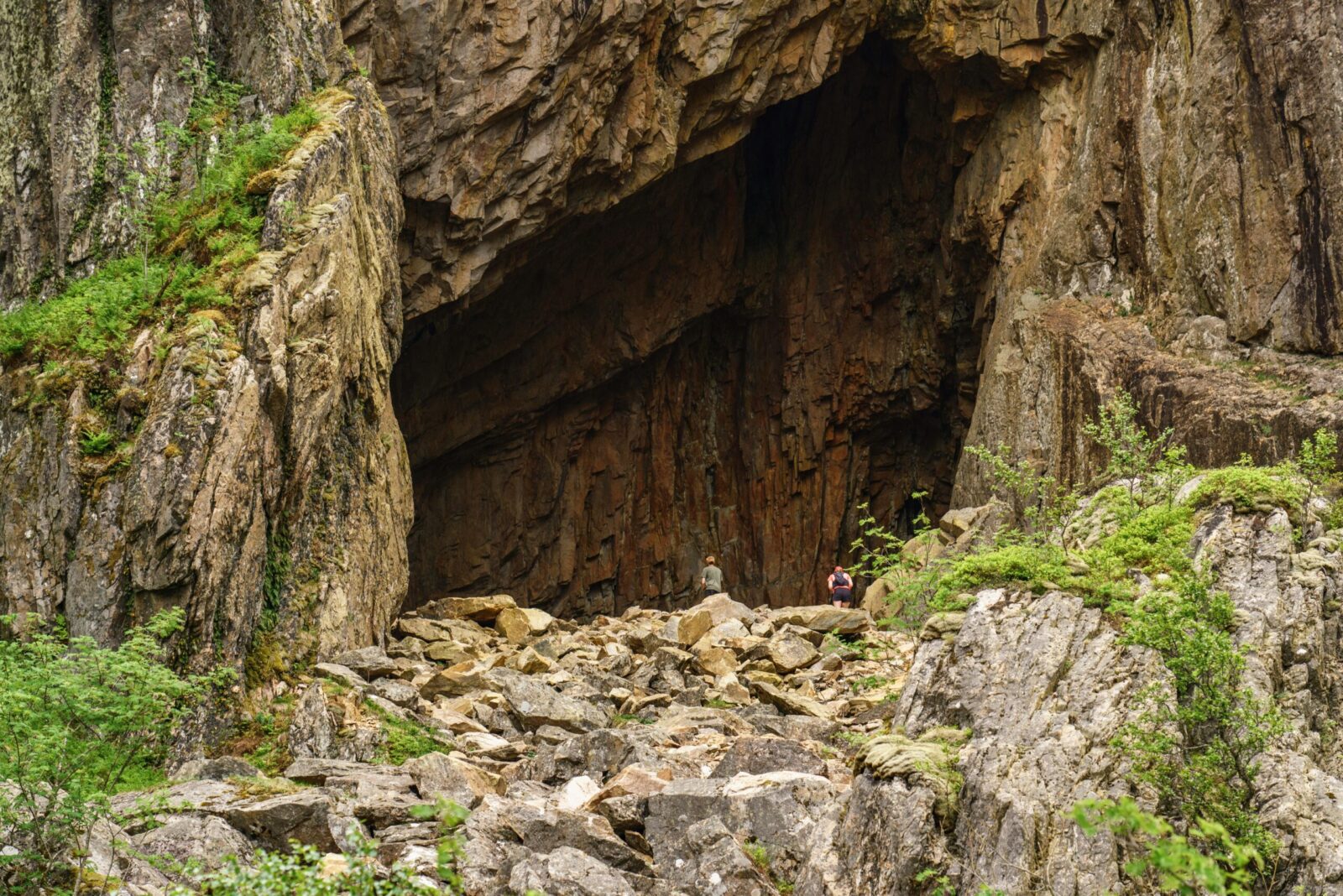 Explore the grand entrance of a cave in Brønnøysund, Norway, amidst rugged rocks and lush greenery.
